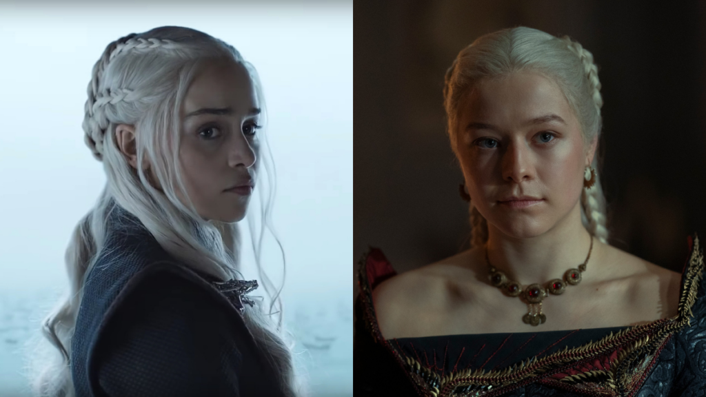 Emilia Clarke nella serie tv Game of Thrones ed Emma D'Arcy nello spin-off House of the Dragon