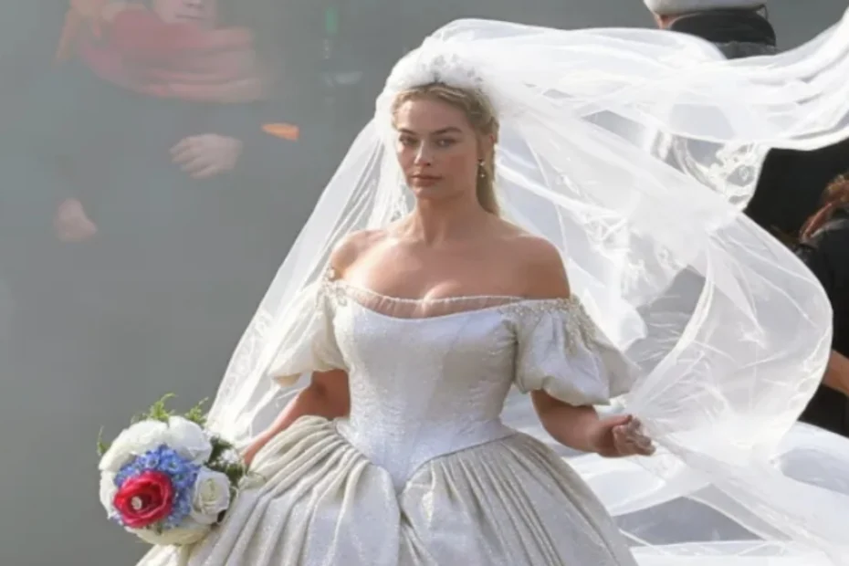 In foto Margot Robbie in uno scatto rubato dal set di Cime Tempestose