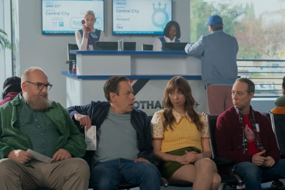 Bert, Stuart, Denise e Kripke, in attesa di partire per la città dove vive Flash, in Stuart Fails to Save The Universe